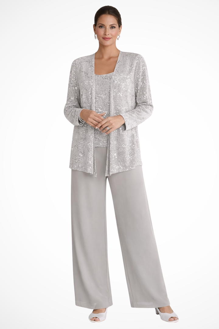 Sequin Lace Three-Piece Trouser Suit Silver – Siopie