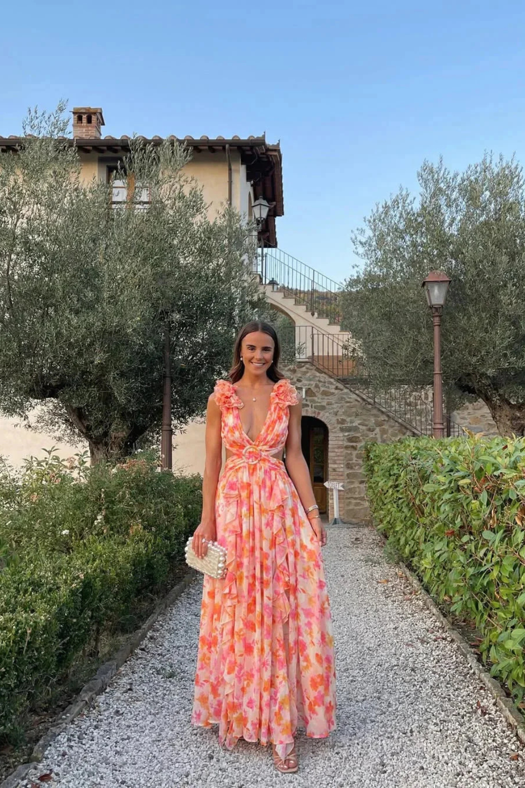 Siopie Floral Ruffle V-Neck Flowing Maxi Dress in Orange