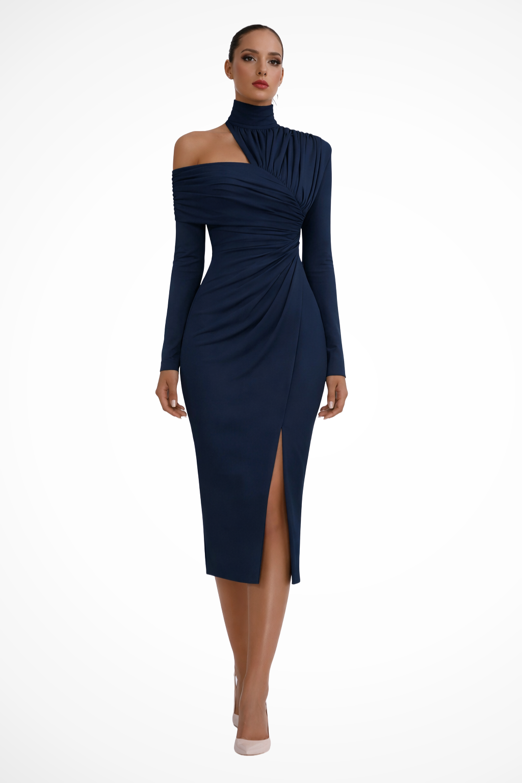 Siopie Women's Asymmetric One Shoulder Midi Dress in Navy Blue