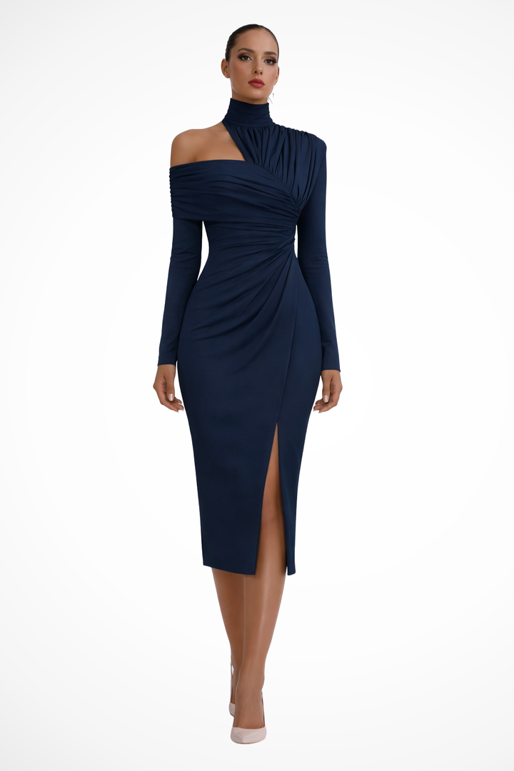 Siopie Women's Asymmetric One Shoulder Midi Dress in Navy Blue