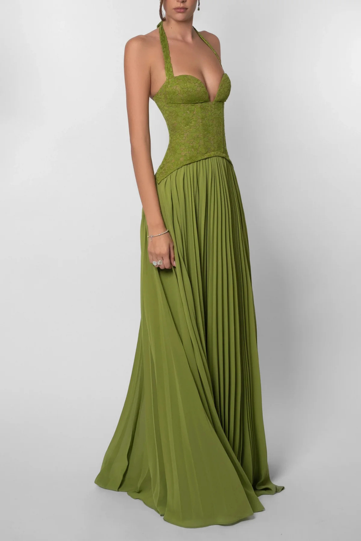 Siopie Halter Lace Corset Flowing Maxi Dress