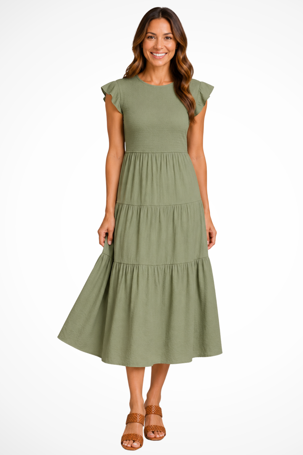 Siopie Shirred Tiered Relaxed Midi Dress in Dark green