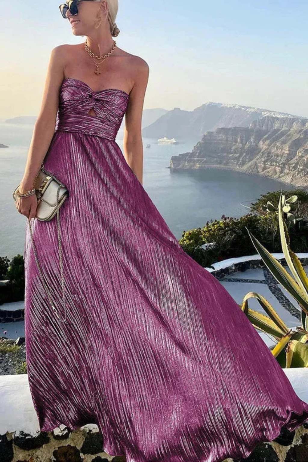 Siopie Strapless Twist Front Pleated Maxi Dress in Purple