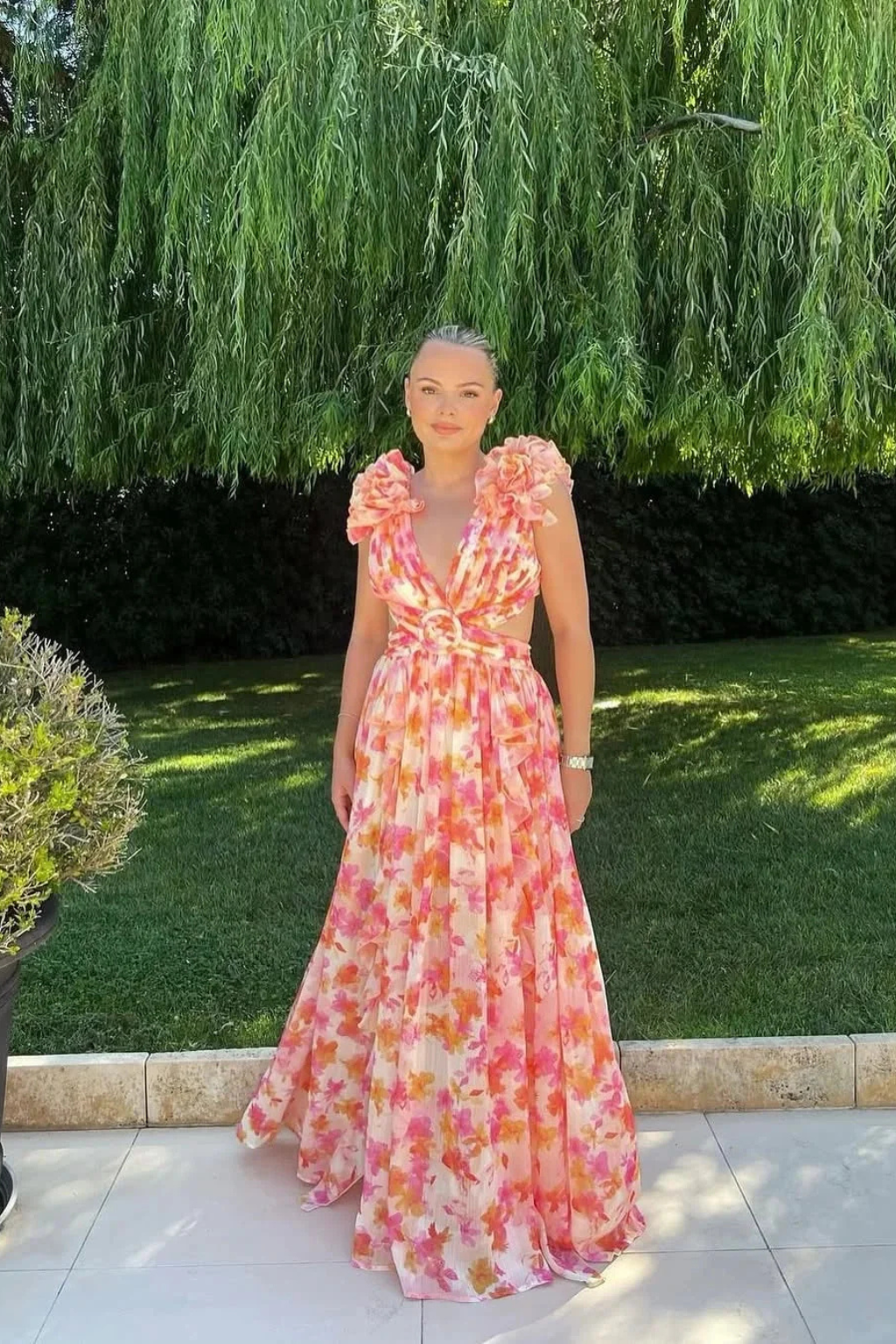 Siopie Floral Ruffle V-Neck Flowing Maxi Dress in Orange