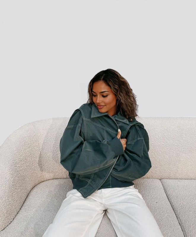 Women’s Leather Bomber Jacket – Classic Zip Up Bomber with Ribbed Cuffs for Fall Winter