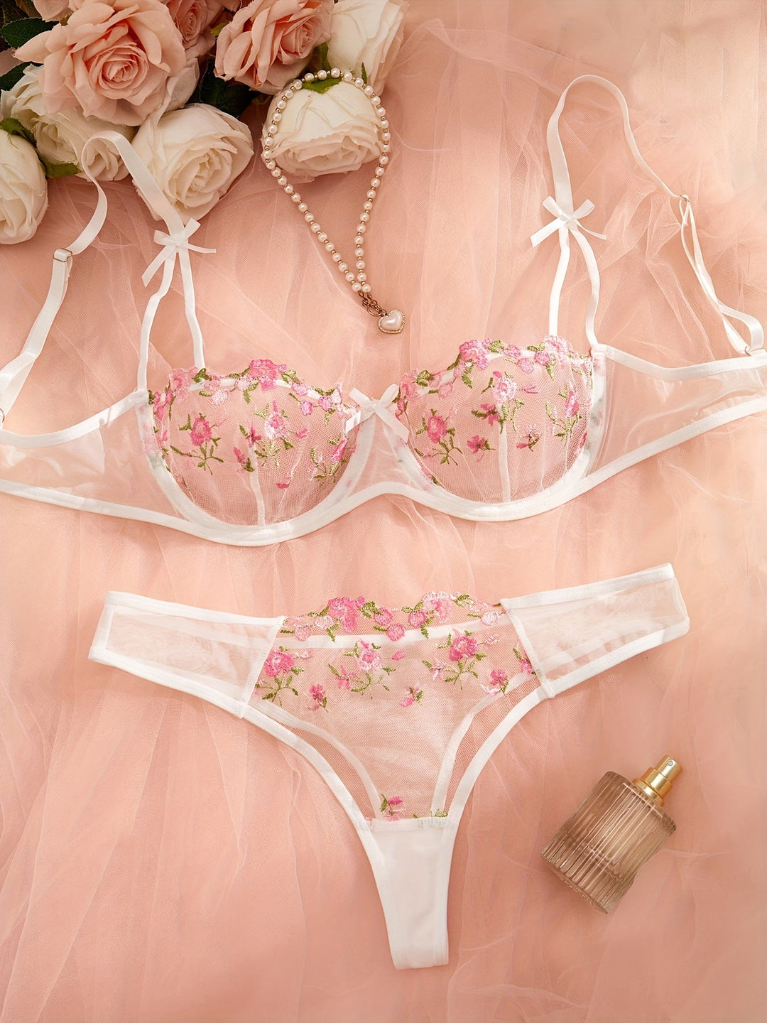 Liora Rose Embroidered Lace Lingerie Set with Adjustable Straps