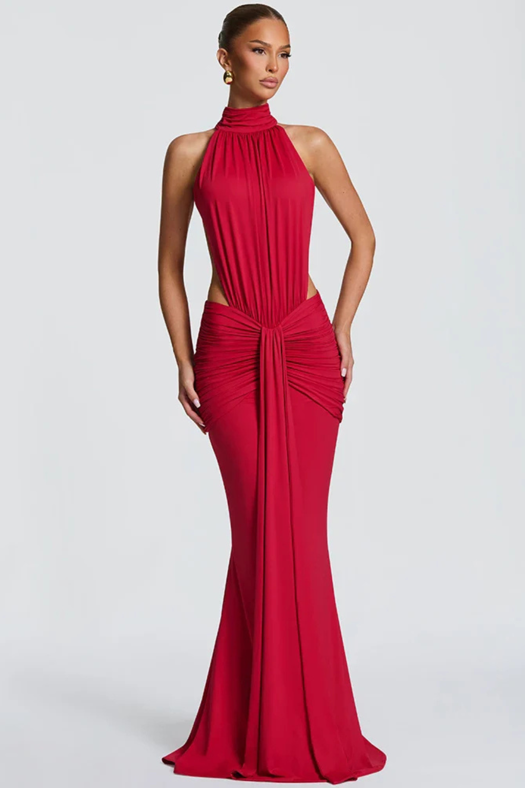 Siopie Women's Halter Neck Backless Ruched Bodycon Maxi Dress
