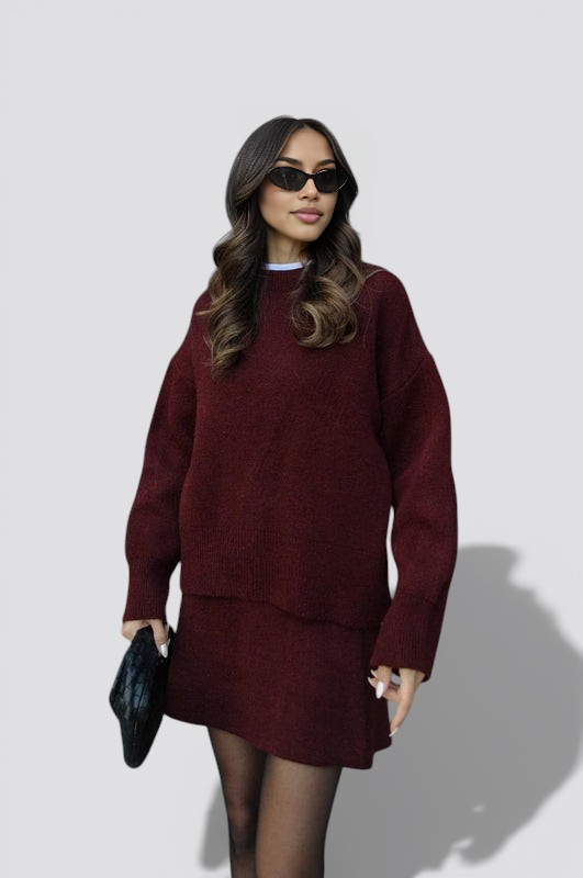 Women’s Knit Two Piece Skirt Set with Fitted Top and High Waist Skirt