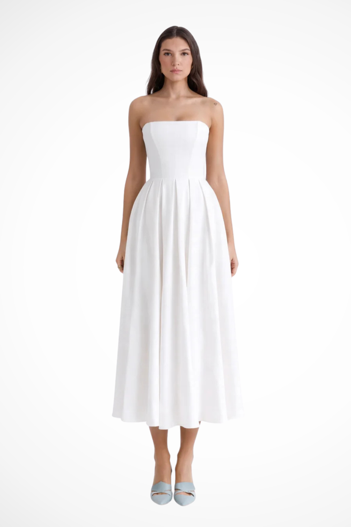 Siopie Women's Strapless Corset Flared Midi Dress in White