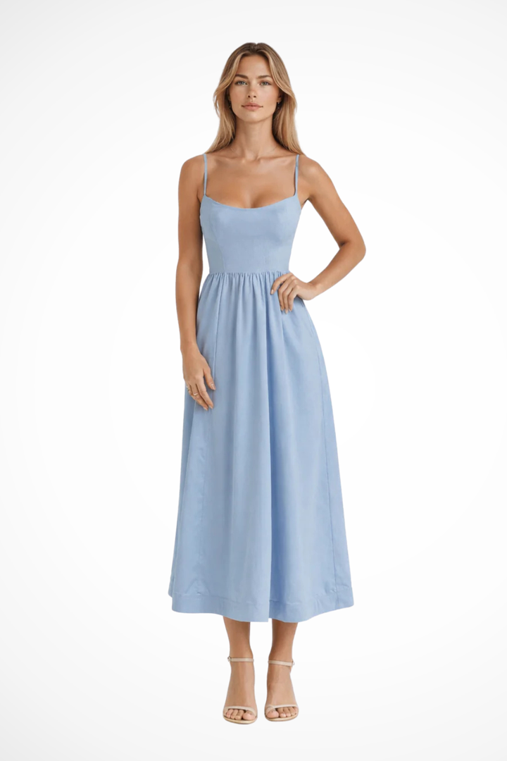 A-Line Ascot Collar Midi Dress Light Blue – Siopie