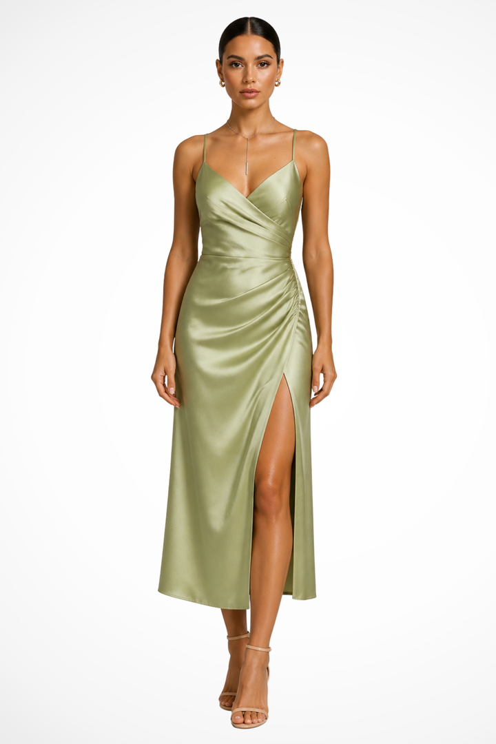 Green Women's V-Neck Wrap Satin Maxi Dress – Siopie