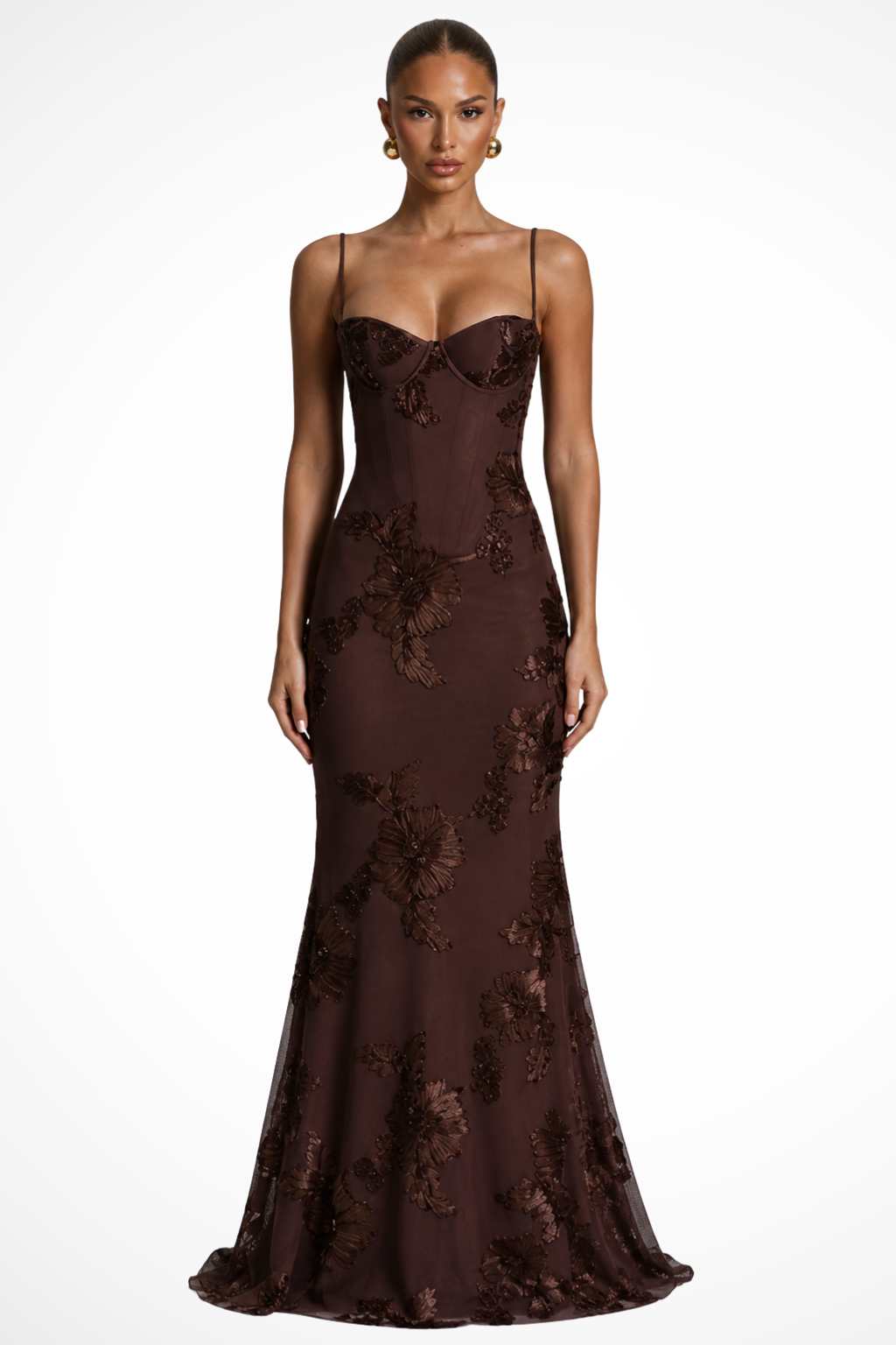 Brown Women's Floral Embroidered Corset Maxi Dress – Siopie