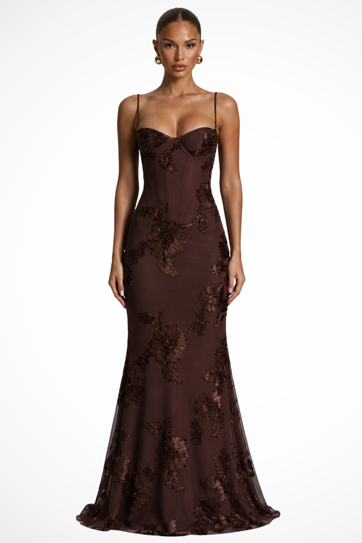 Brown Women's Floral Embroidered Corset Maxi Dress – Siopie