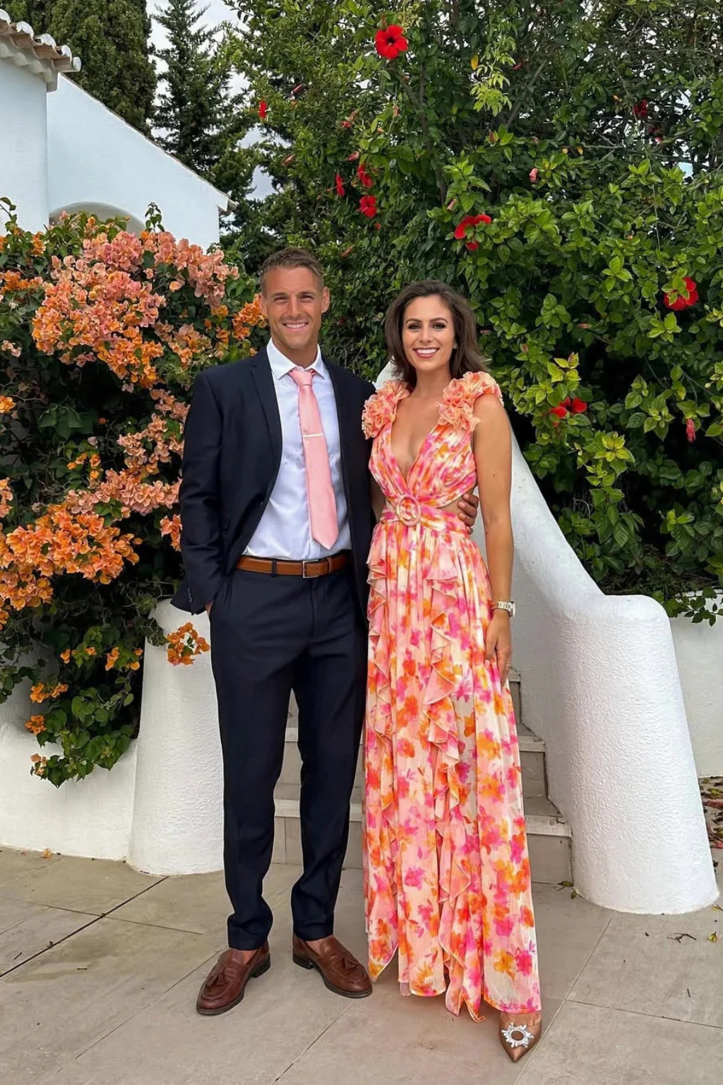 Siopie Floral Ruffle V-Neck Flowing Maxi Dress in Orange