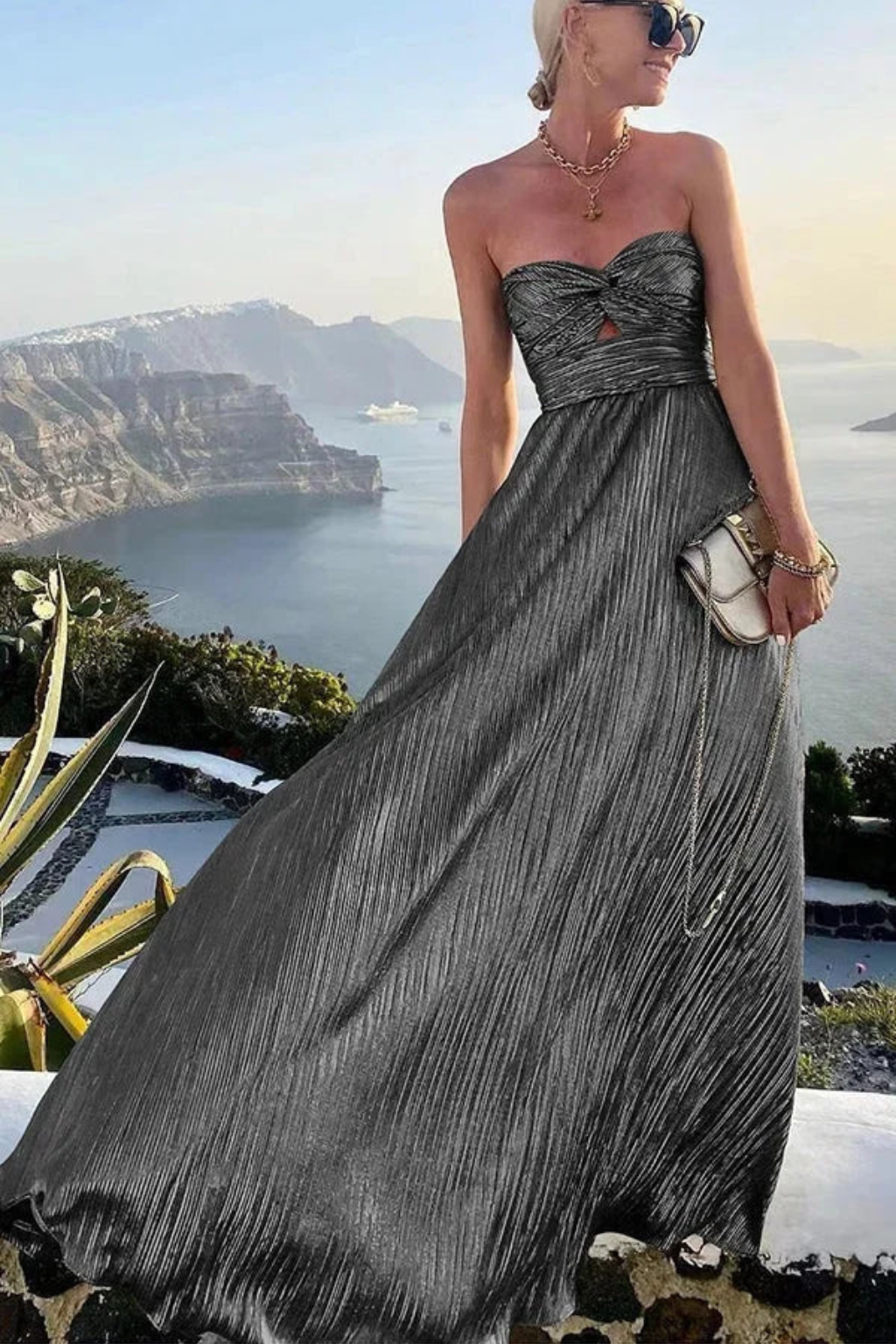 Siopie Strapless Twist Front Pleated Maxi Dress in Black