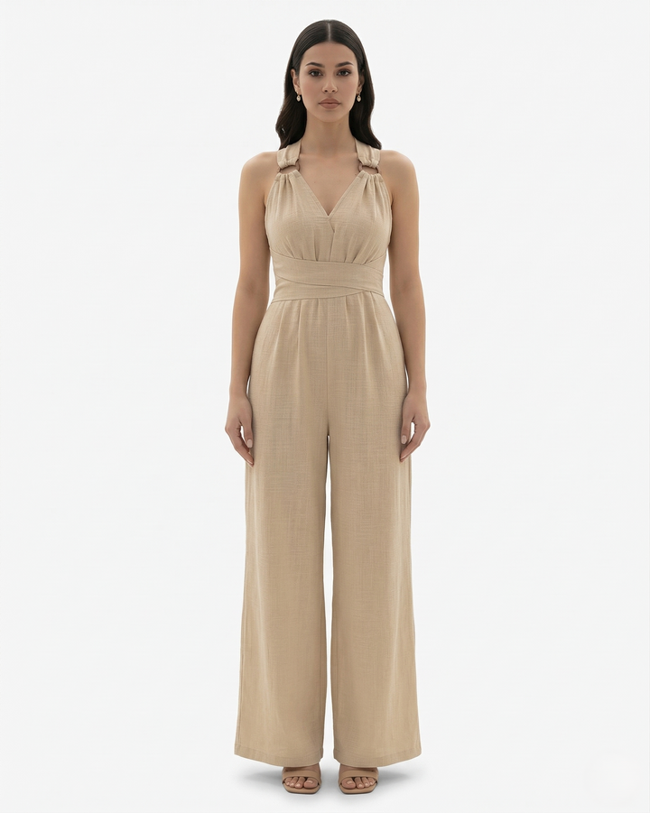 Wide Leg Jumpsuit Sleeveless V Neck Tie Waist Crisscross Back