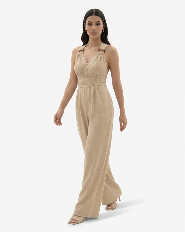 Wide Leg Jumpsuit Sleeveless V Neck Tie Waist Crisscross Back