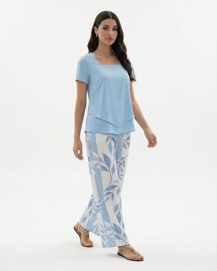Two Piece Set Short Sleeve Top and Wide Leg Printed Pants