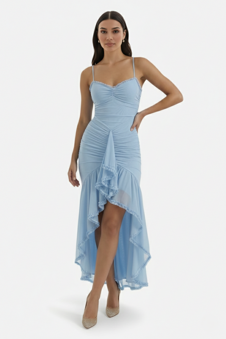 Evening Gown Ruched Mesh Ruffle Assymetrical Hem