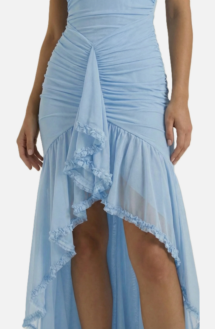 Evening Gown Ruched Mesh Ruffle Assymetrical Hem