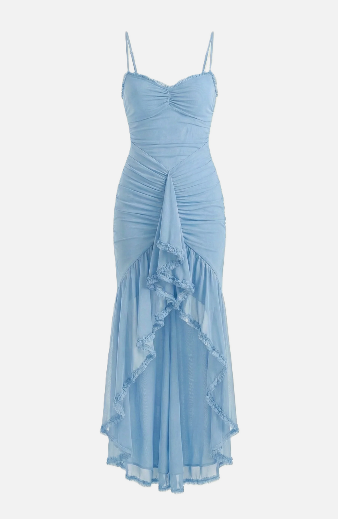 Evening Gown Ruched Mesh Ruffle Assymetrical Hem