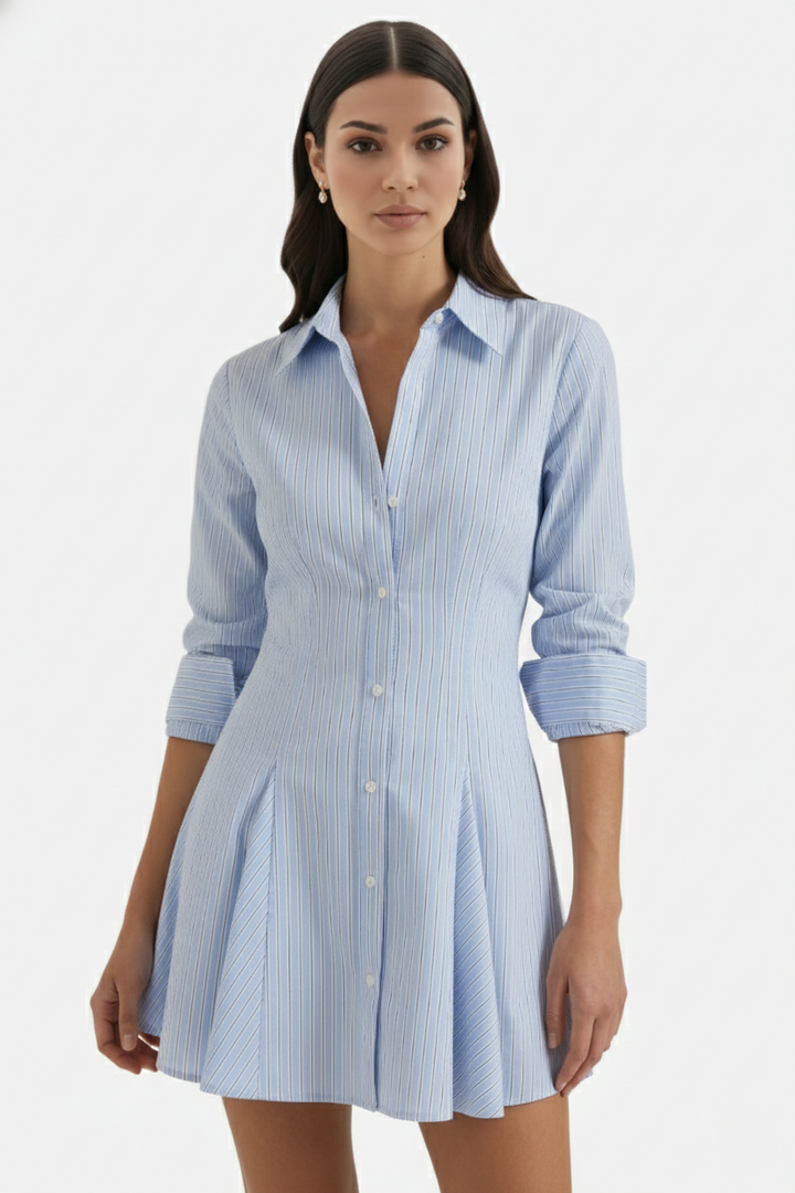Striped Button Down Shirt Dress - Pleated Mini