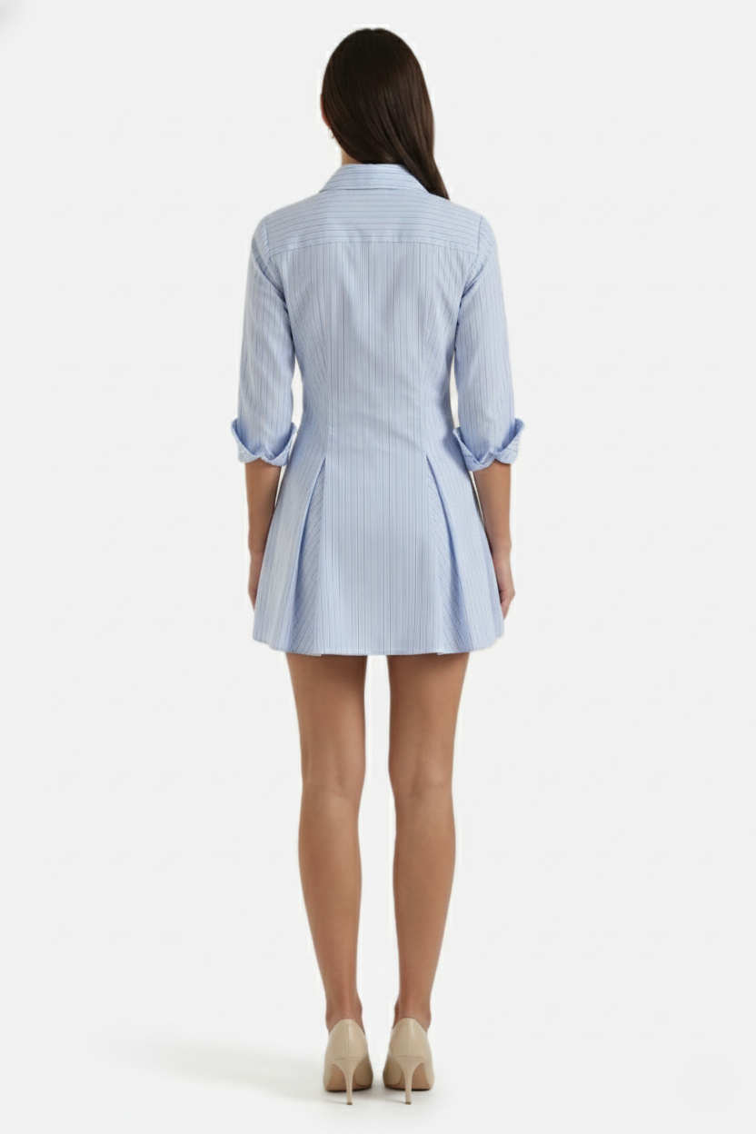 Striped Button Down Shirt Dress - Pleated Mini