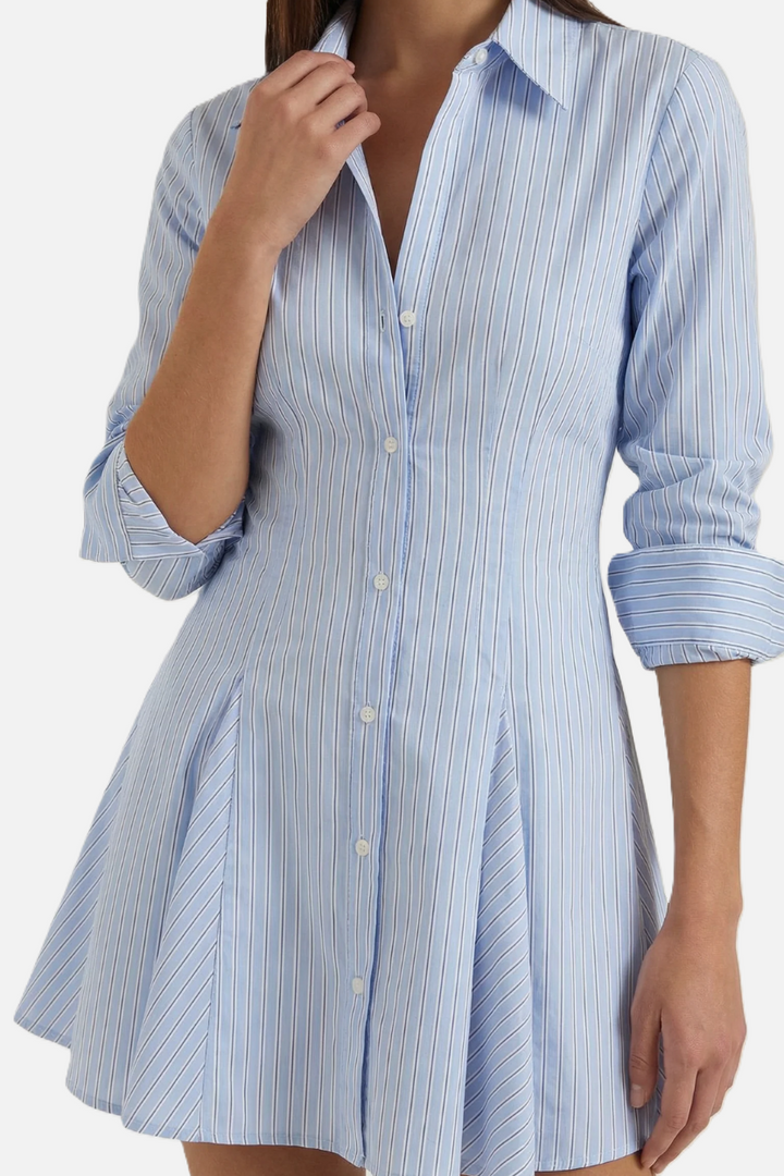 Striped Button Down Shirt Dress - Pleated Mini