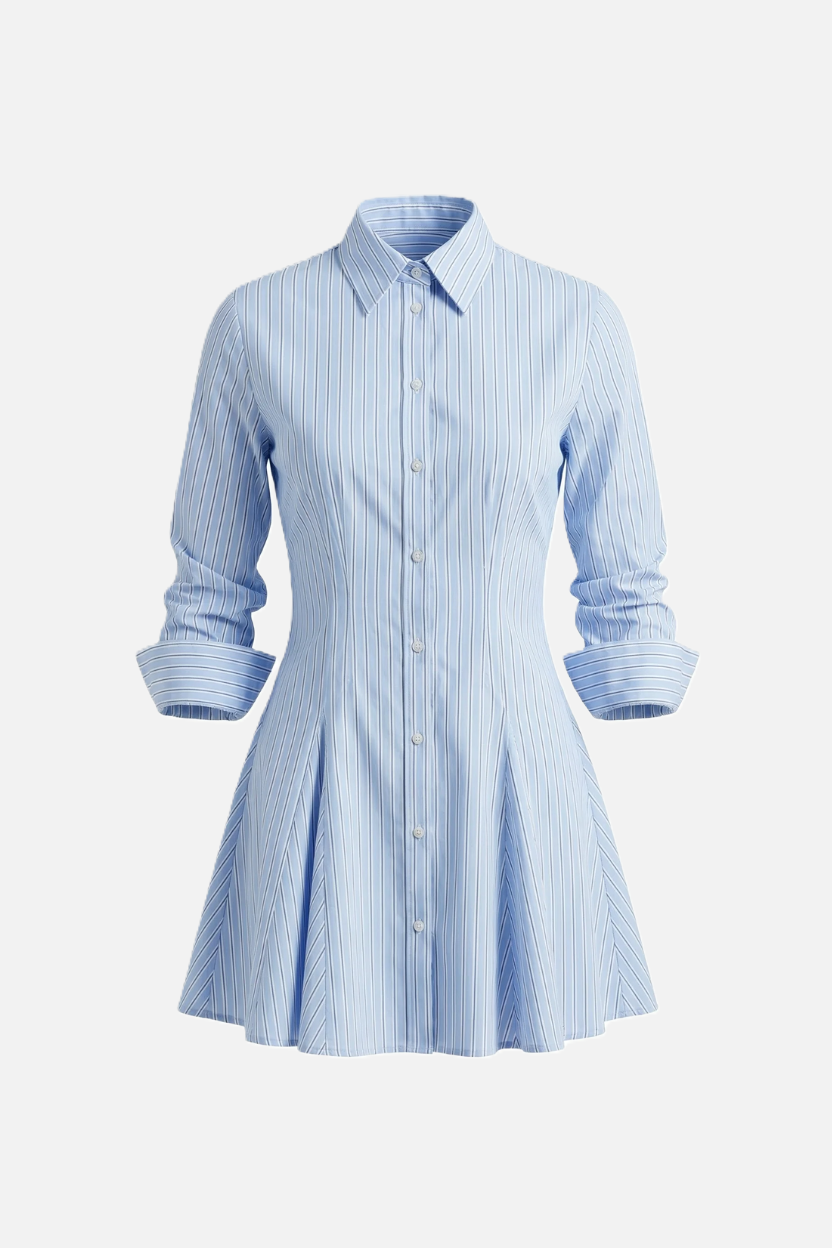 Striped Button Down Shirt Dress - Pleated Mini