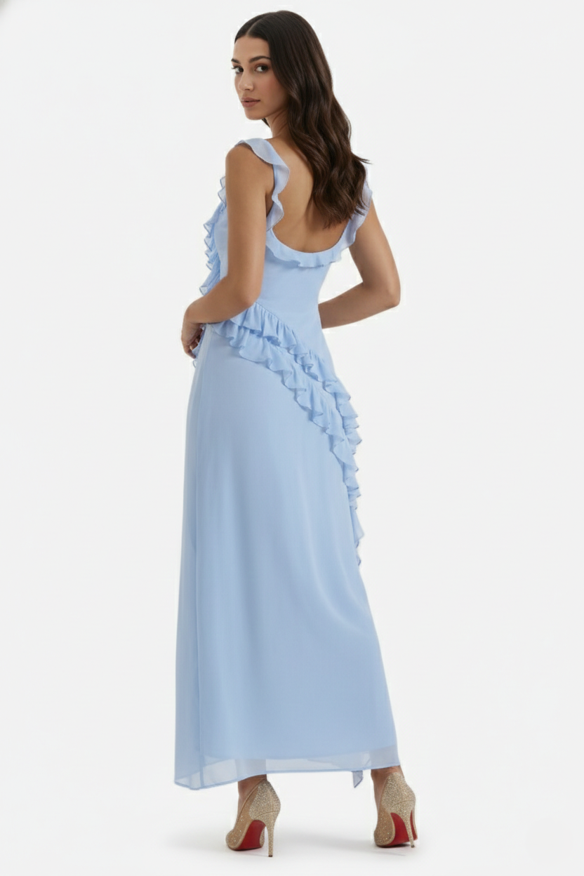 Sleeveless Ruffle Trim Maxi Dress with Front Slit