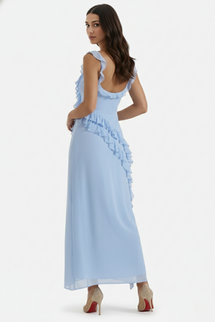 Sleeveless Ruffle Trim Maxi Dress with Front Slit