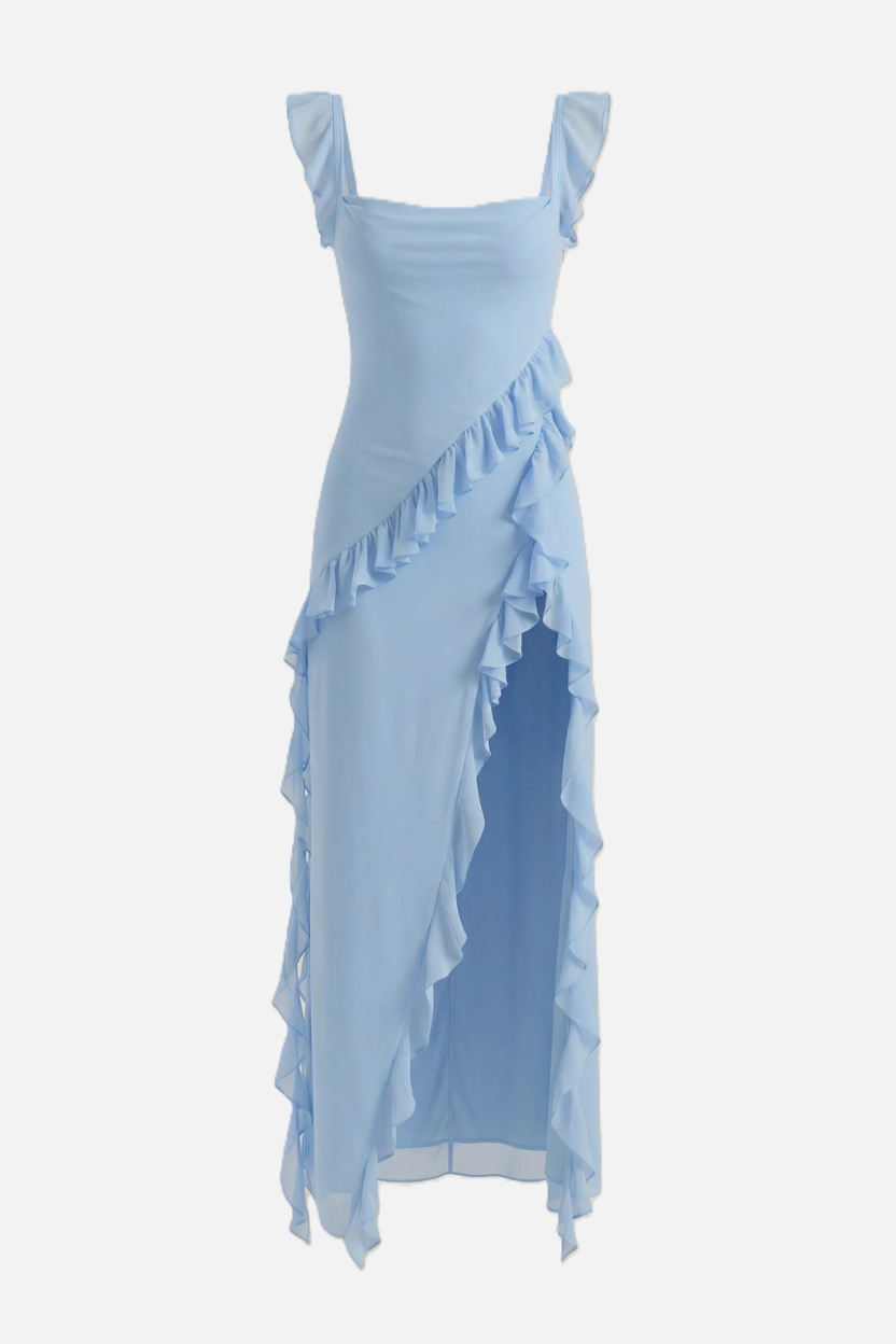 Sleeveless Ruffle Trim Maxi Dress with Front Slit