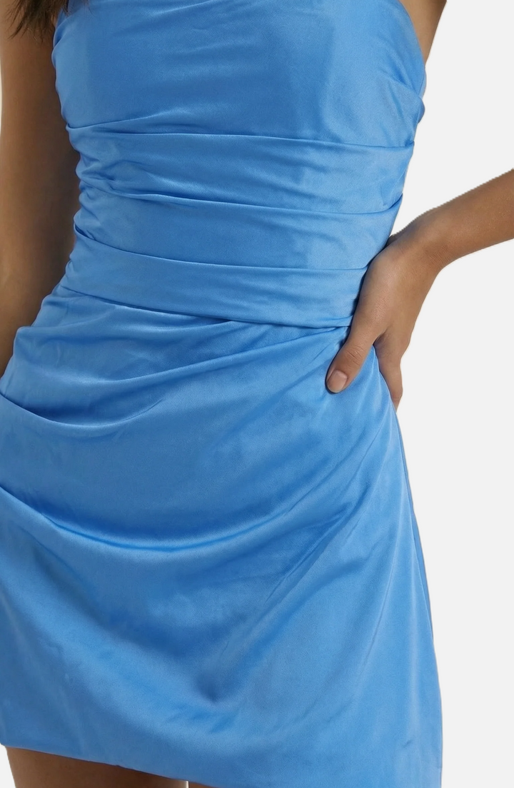 Party Dress Strapless Ruched Draped Mini with Asymmetric Hem