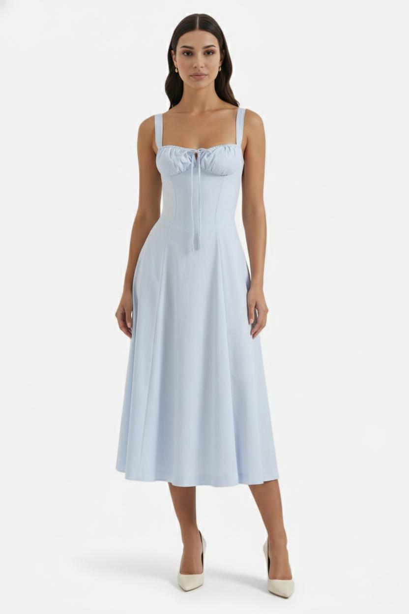 Summer Midi Dress Ruched Bust Tie Lace Up Back