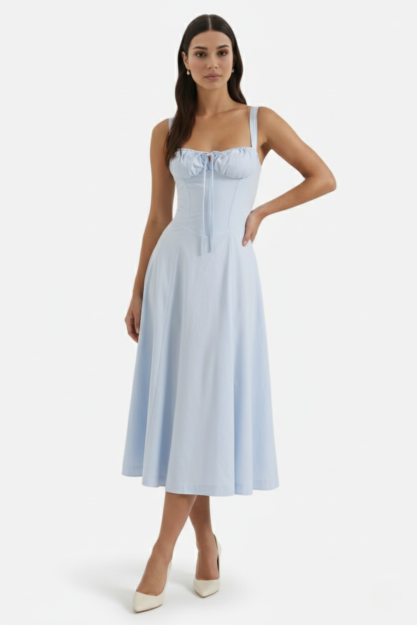 Summer Midi Dress Ruched Bust Tie Lace Up Back