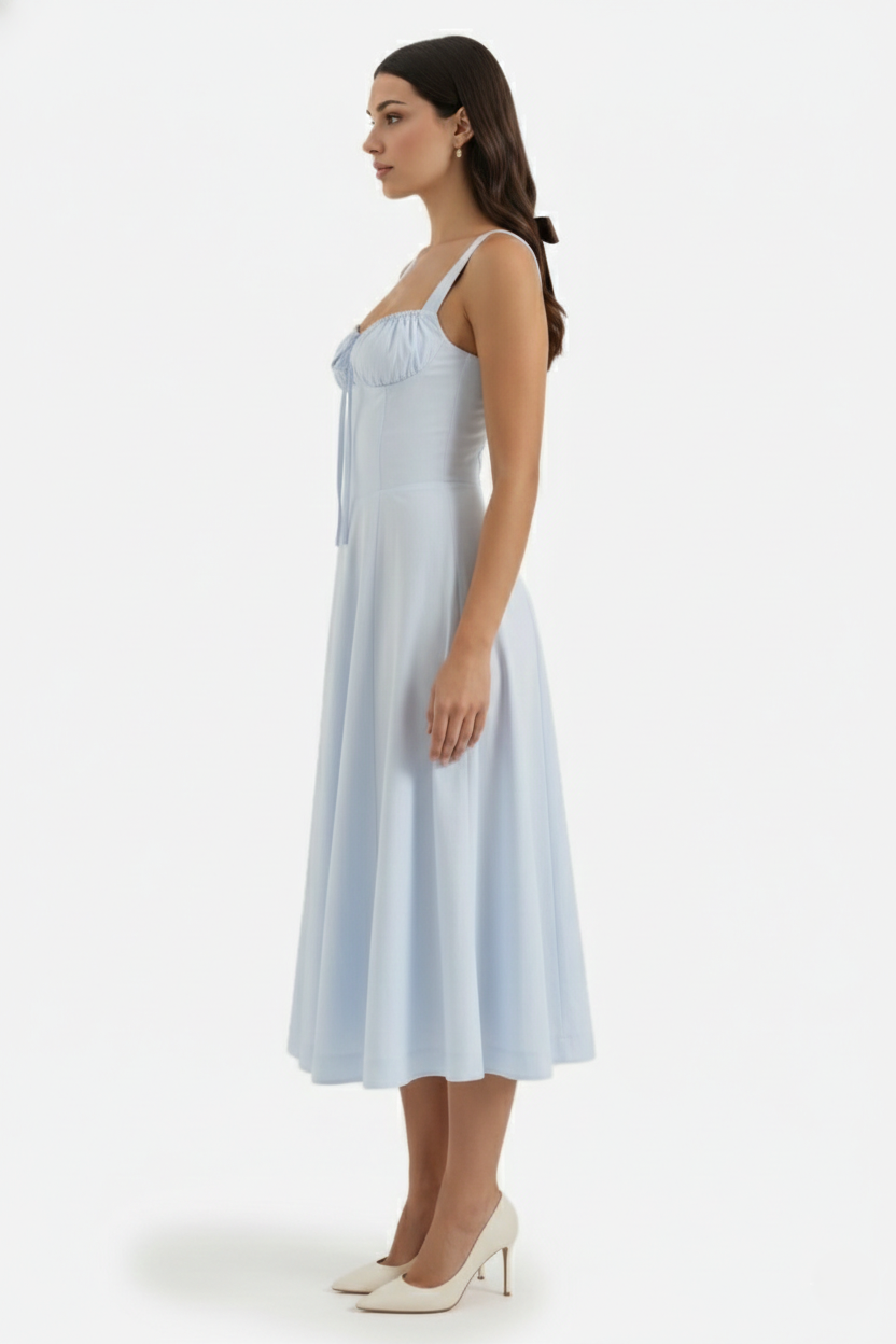Summer Midi Dress Ruched Bust Tie Lace Up Back