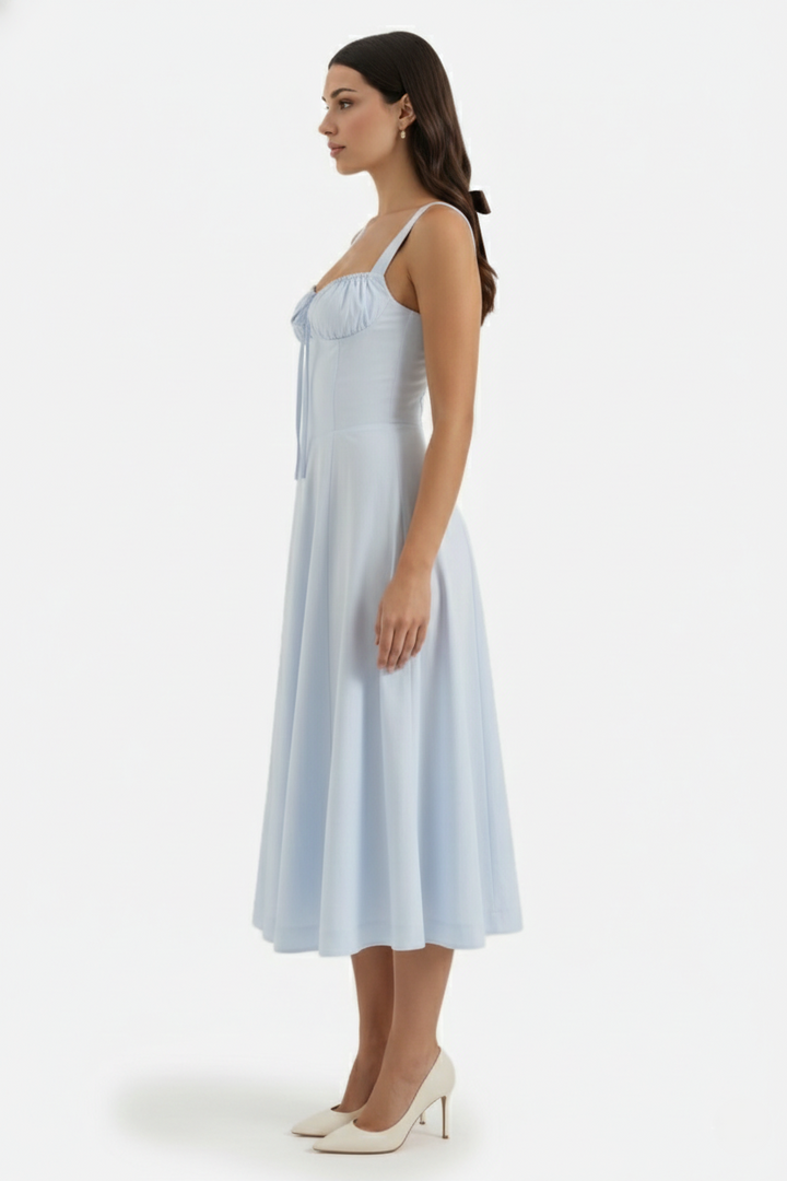 Summer Midi Dress Ruched Bust Tie Lace Up Back