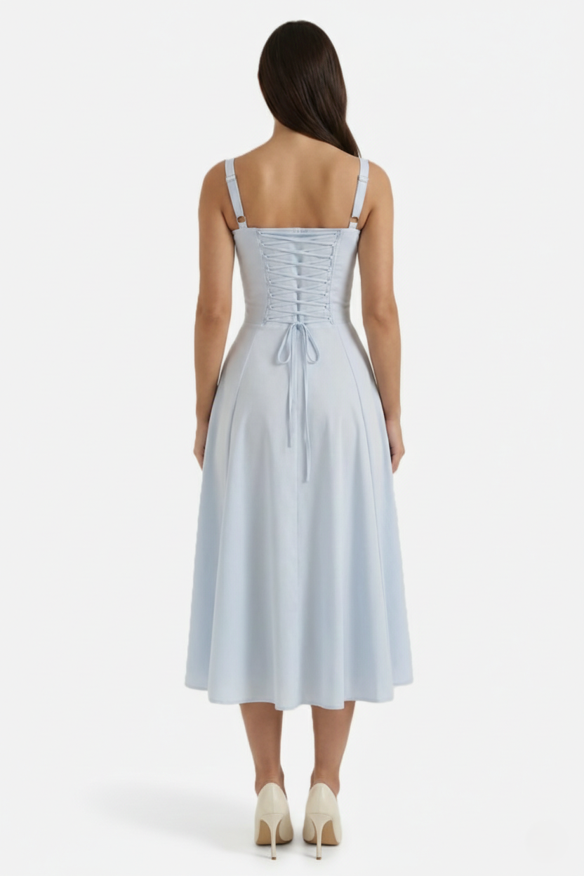 Summer Midi Dress Ruched Bust Tie Lace Up Back