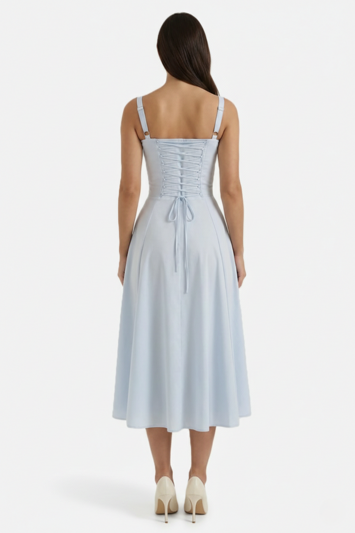 Summer Midi Dress Ruched Bust Tie Lace Up Back