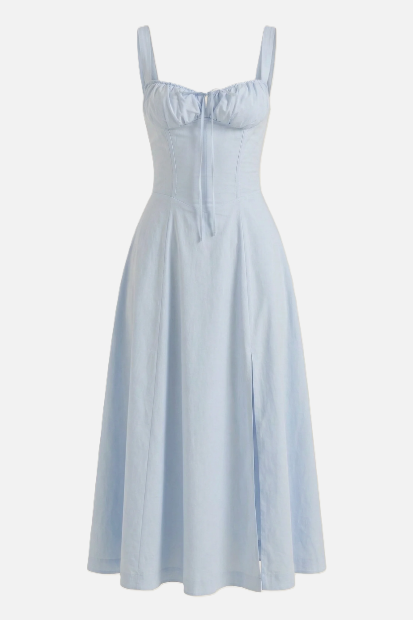 Summer Midi Dress Ruched Bust Tie Lace Up Back