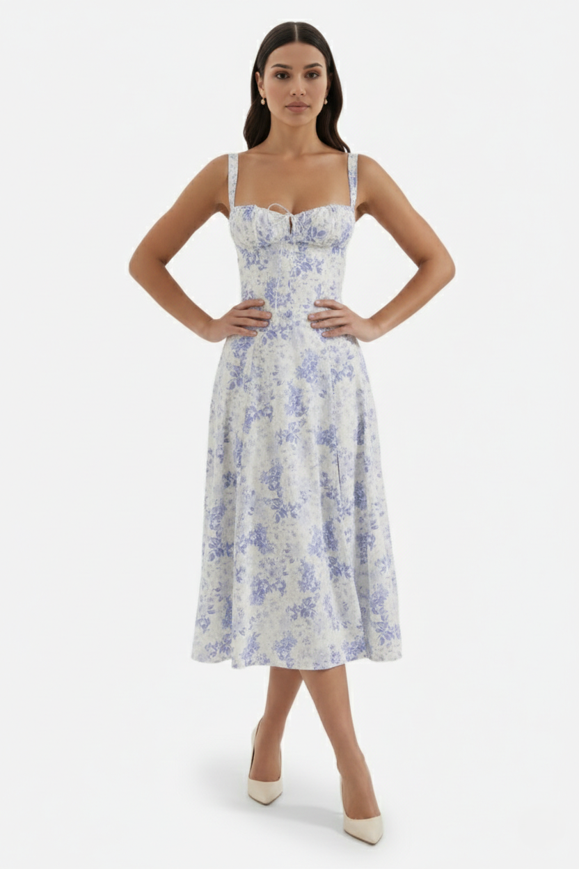 Summer Midi Dress Sweetheart Ruched Bust A Line Floral Print