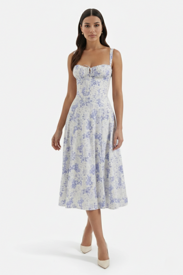 Summer Midi Dress Sweetheart Ruched Bust A Line Floral Print