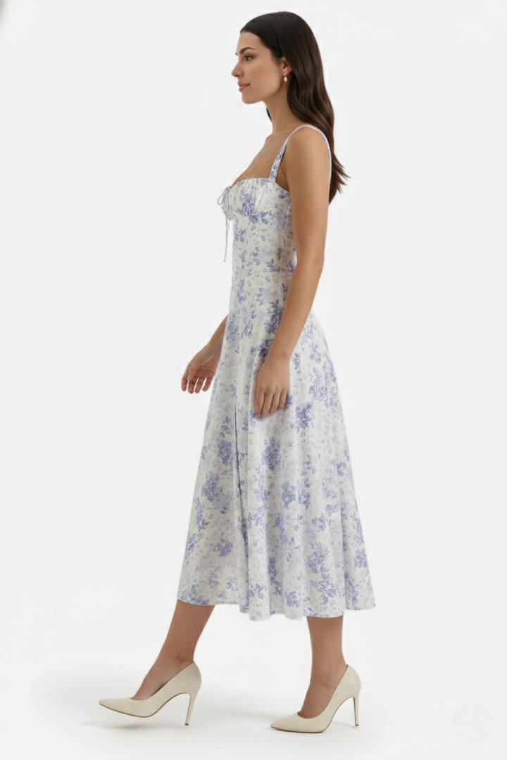 Summer Midi Dress Sweetheart Ruched Bust A Line Floral Print