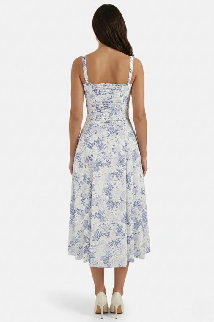 Summer Midi Dress Sweetheart Ruched Bust A Line Floral Print