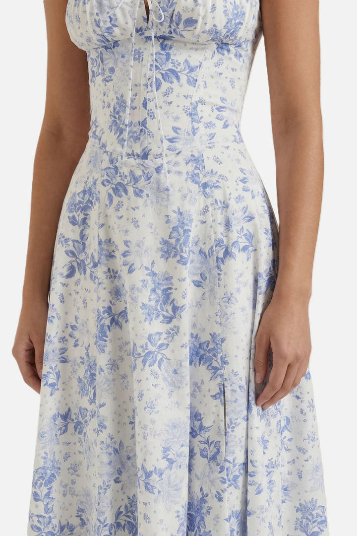Summer Midi Dress Sweetheart Ruched Bust A Line Floral Print