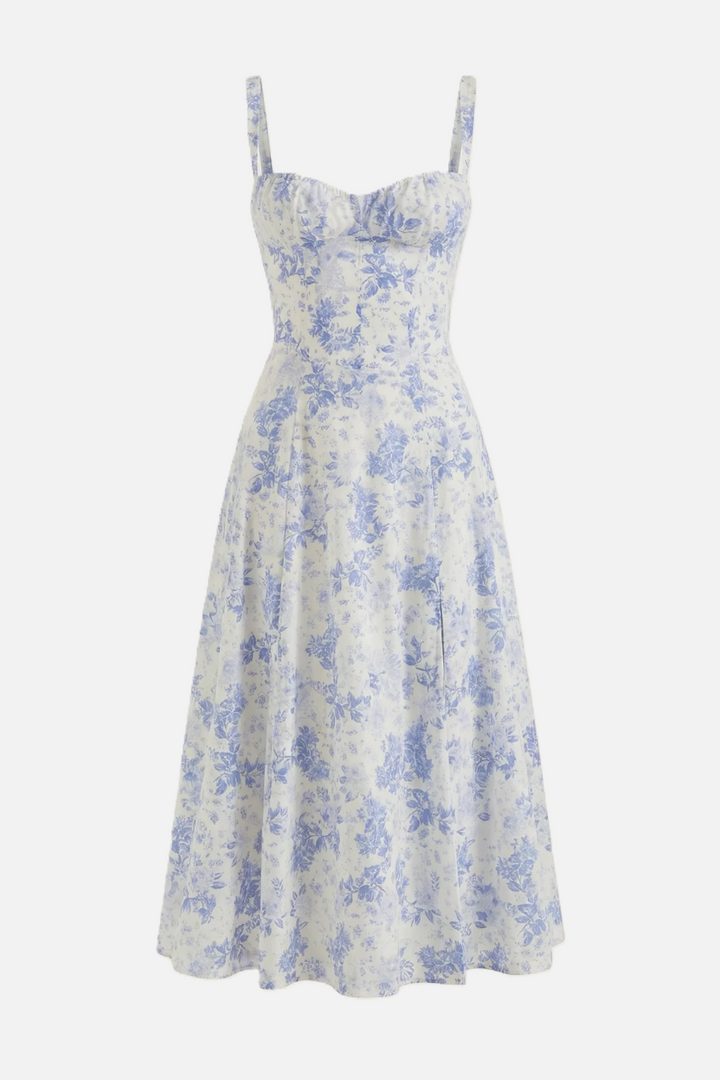 Summer Midi Dress Sweetheart Ruched Bust A Line Floral Print