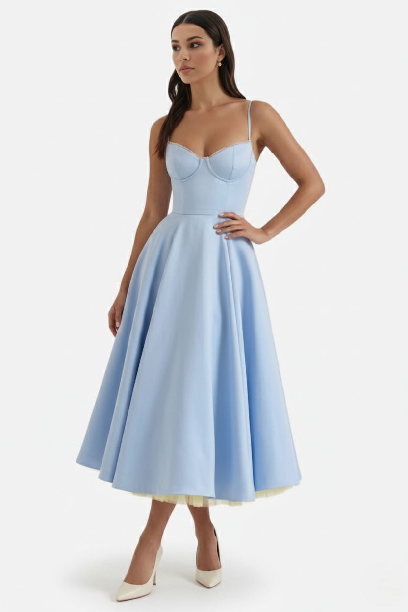 Sweetheart Bustier Midi Dress with Full Circle Skirt and Tulle Hem