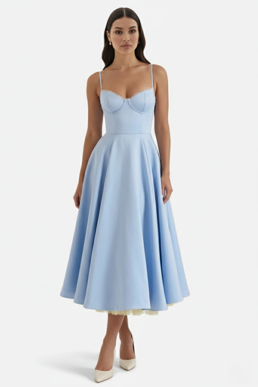 Sweetheart Bustier Midi Dress with Full Circle Skirt and Tulle Hem