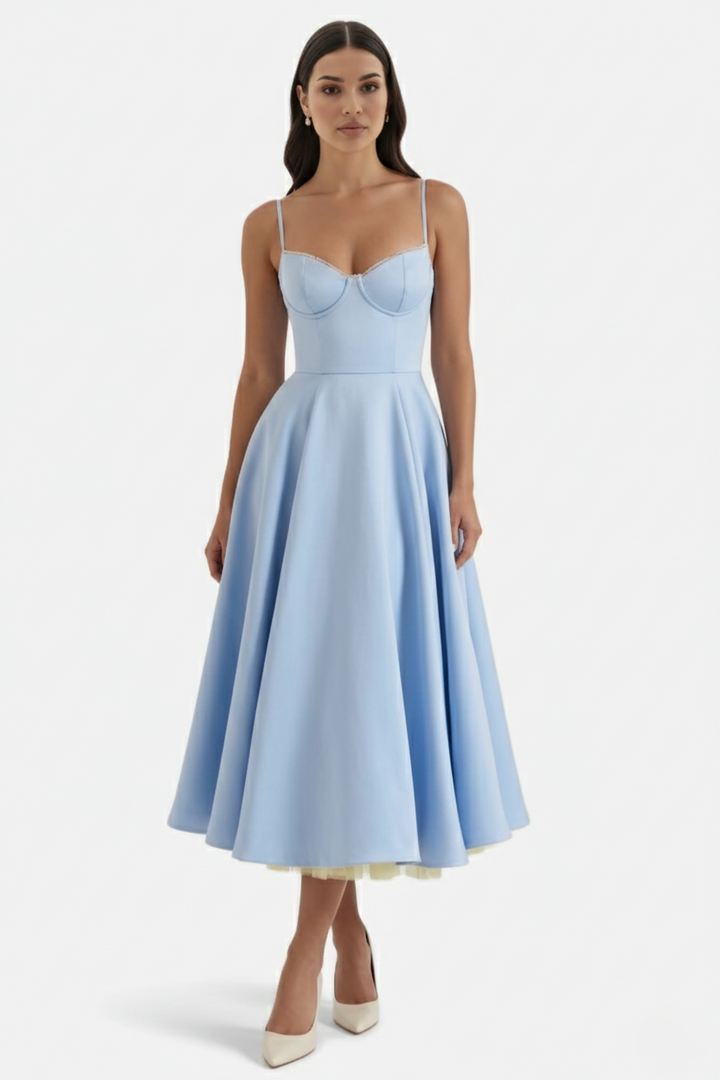 Sweetheart Bustier Midi Dress with Full Circle Skirt and Tulle Hem