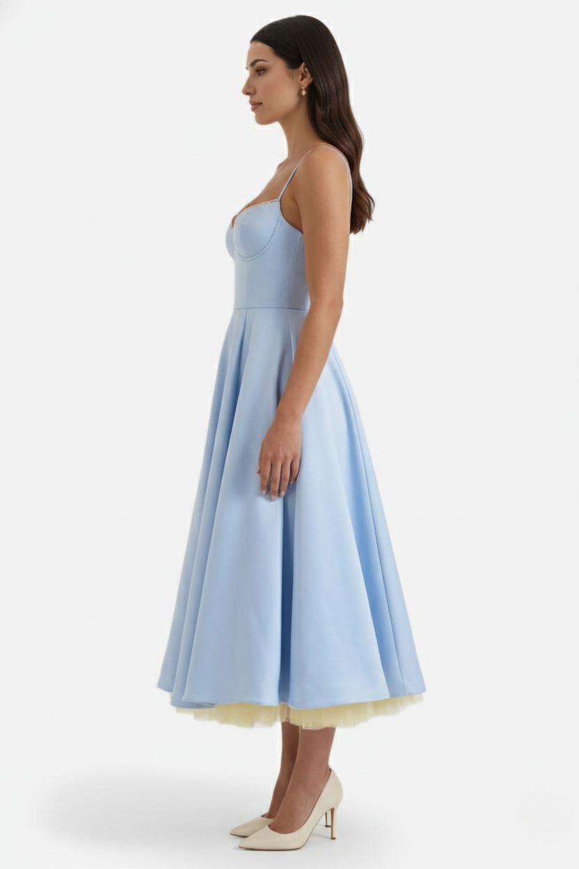 Sweetheart Bustier Midi Dress with Full Circle Skirt and Tulle Hem
